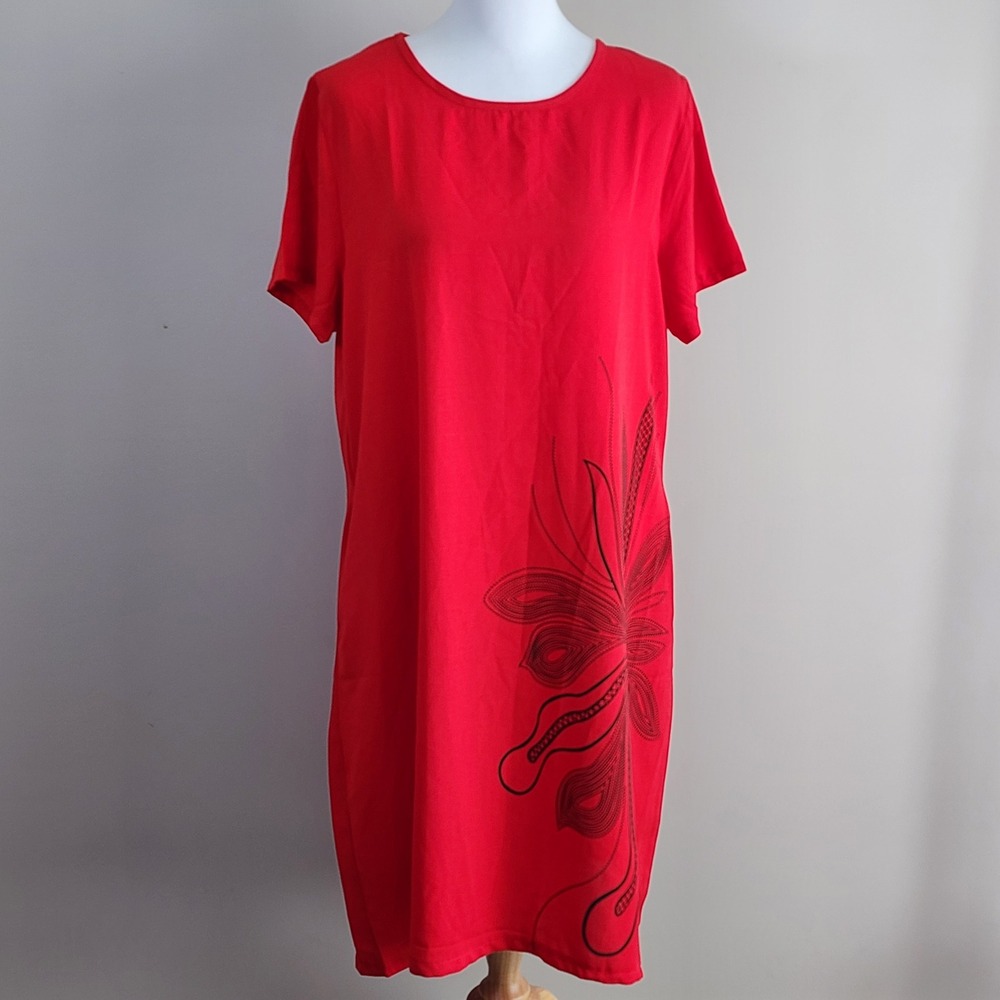 Cherie Bliss Floral Shift Dress Womens XL Red Black Viscose Casual Party Summer